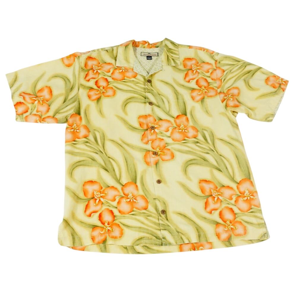 Tommy Bahama Silk Floral Leaf Hawaiian Button Up Short Sleeve Camp Shirt Medium